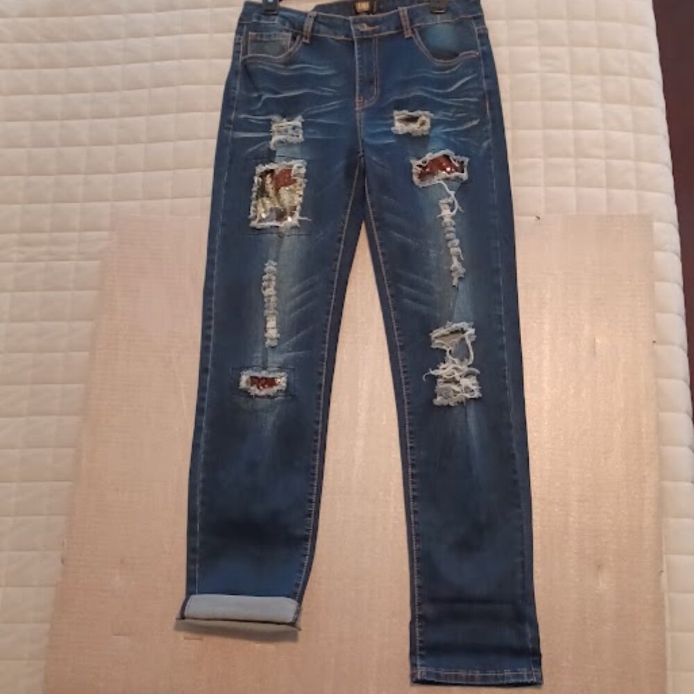 L&B Boyfriend Indigo Blue Jeans with gold sequence, size 10